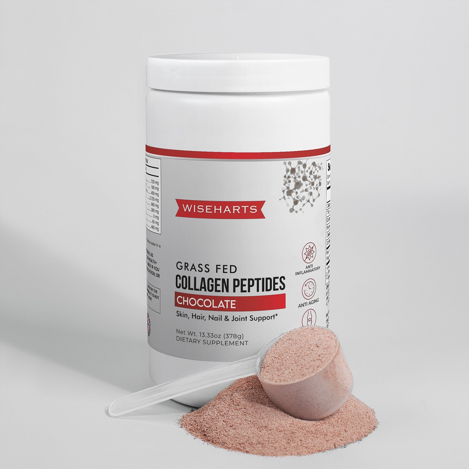 Wiseharts grass fed collagen peptides bottle and chocolate flavored powder