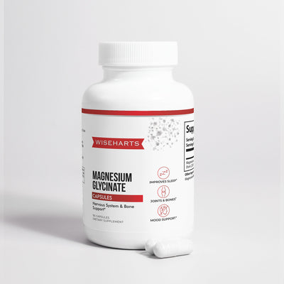 A bottle of Wiseharts Magnesium Glycinate Capsules supports nervous system and bones