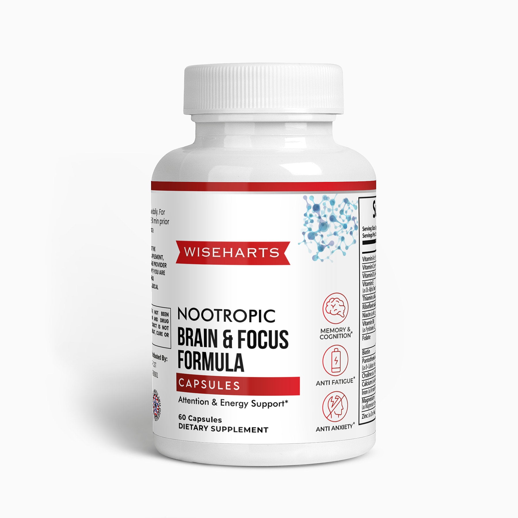 Bottle of Wiseharts Nootropic for attention and energy support