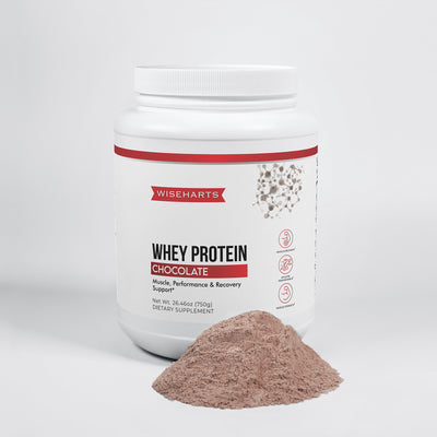 A bottle of Wiseharts Whey Protein Chocolate flavor with chocolate powder shown