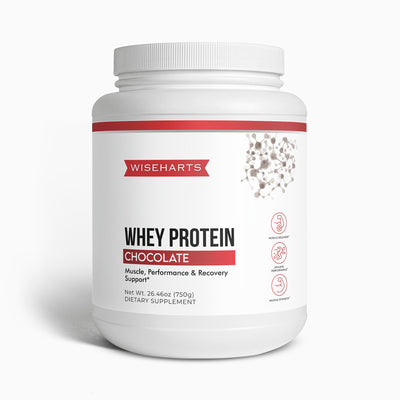 A bottle of Wiseharts Whey Protein Chocolate flavor 