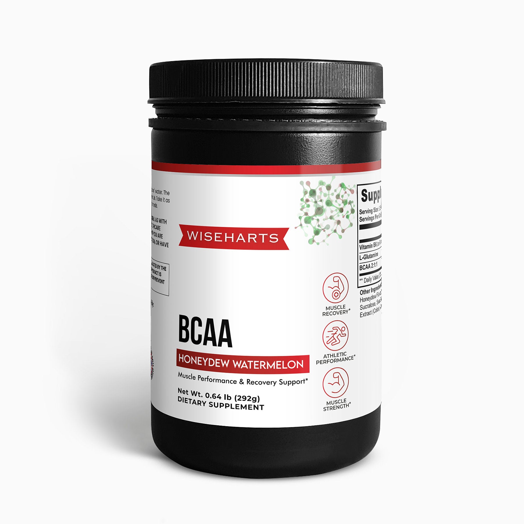 A bottle of Wiseharts BCAA Honeydew Watermelon for muscle performance and recovery support