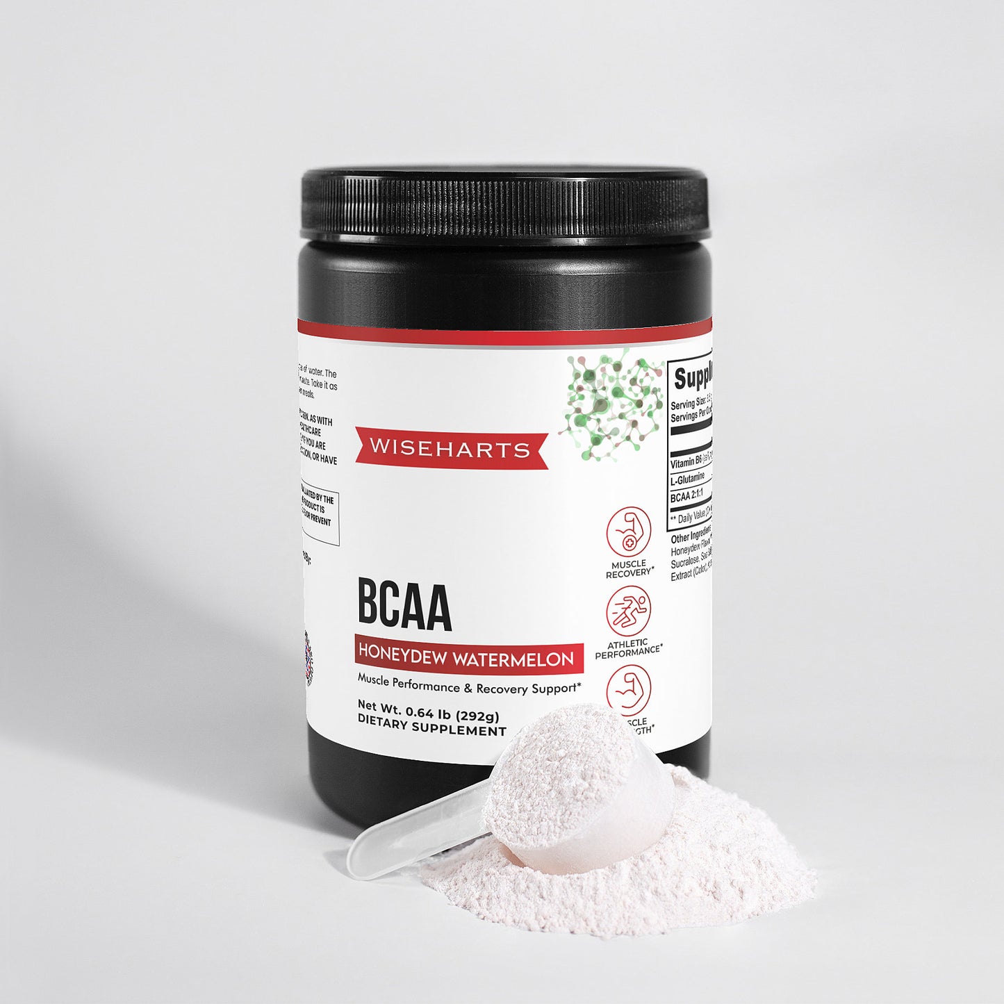 A bottle of Wiseharts BCAA Honeydew Watermelon supports muscle performance and recovery.