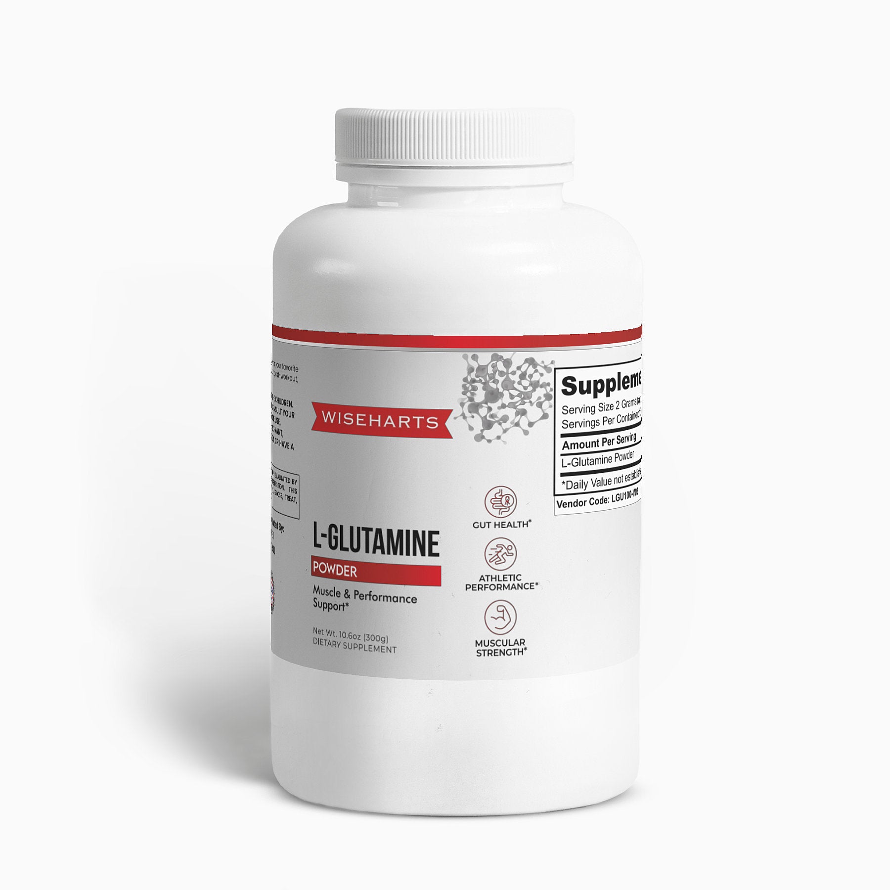 A bottle of Wiseharts L-Glutamine powder for muscle support.