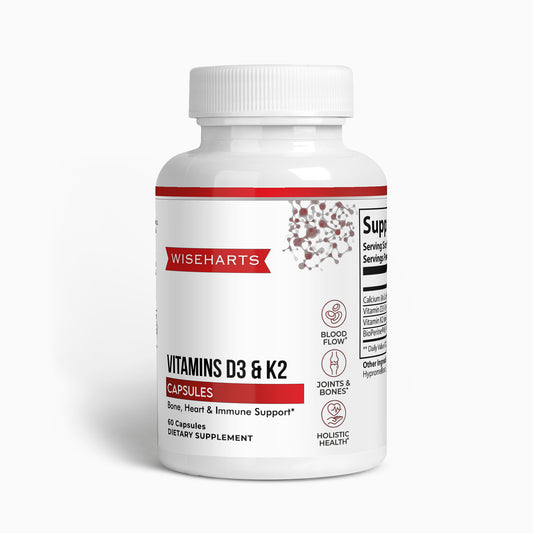 A bottle of Wiseharts Vitamins D3 & K2 for bone, heart, and immune support