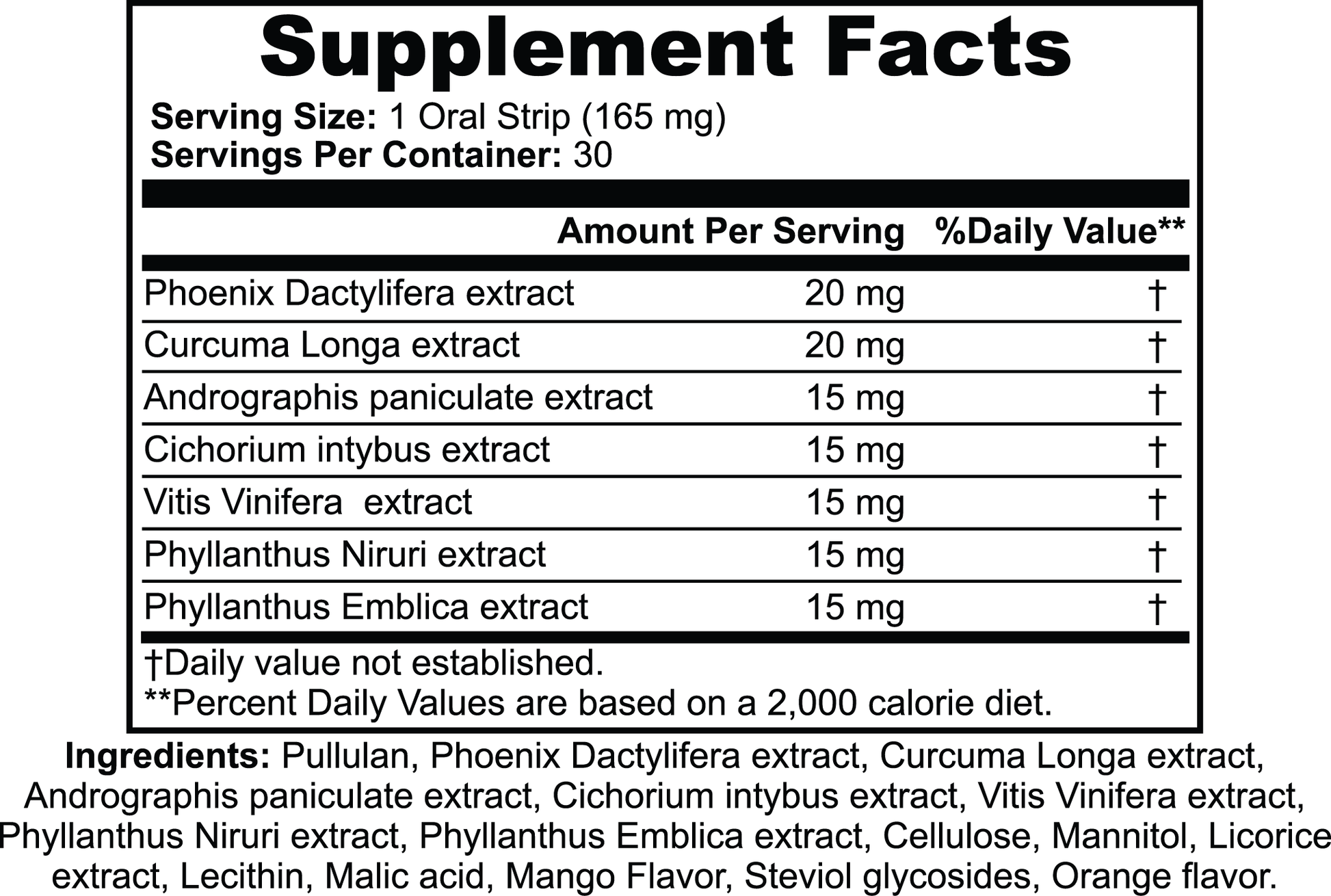 Supplement Facts for Hangover Strips.