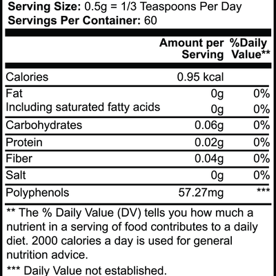 Supplement Facts for Birch Chaga.