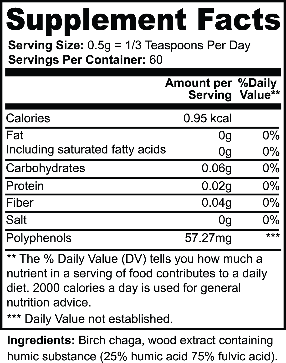 Supplement Facts for Birch Chaga.