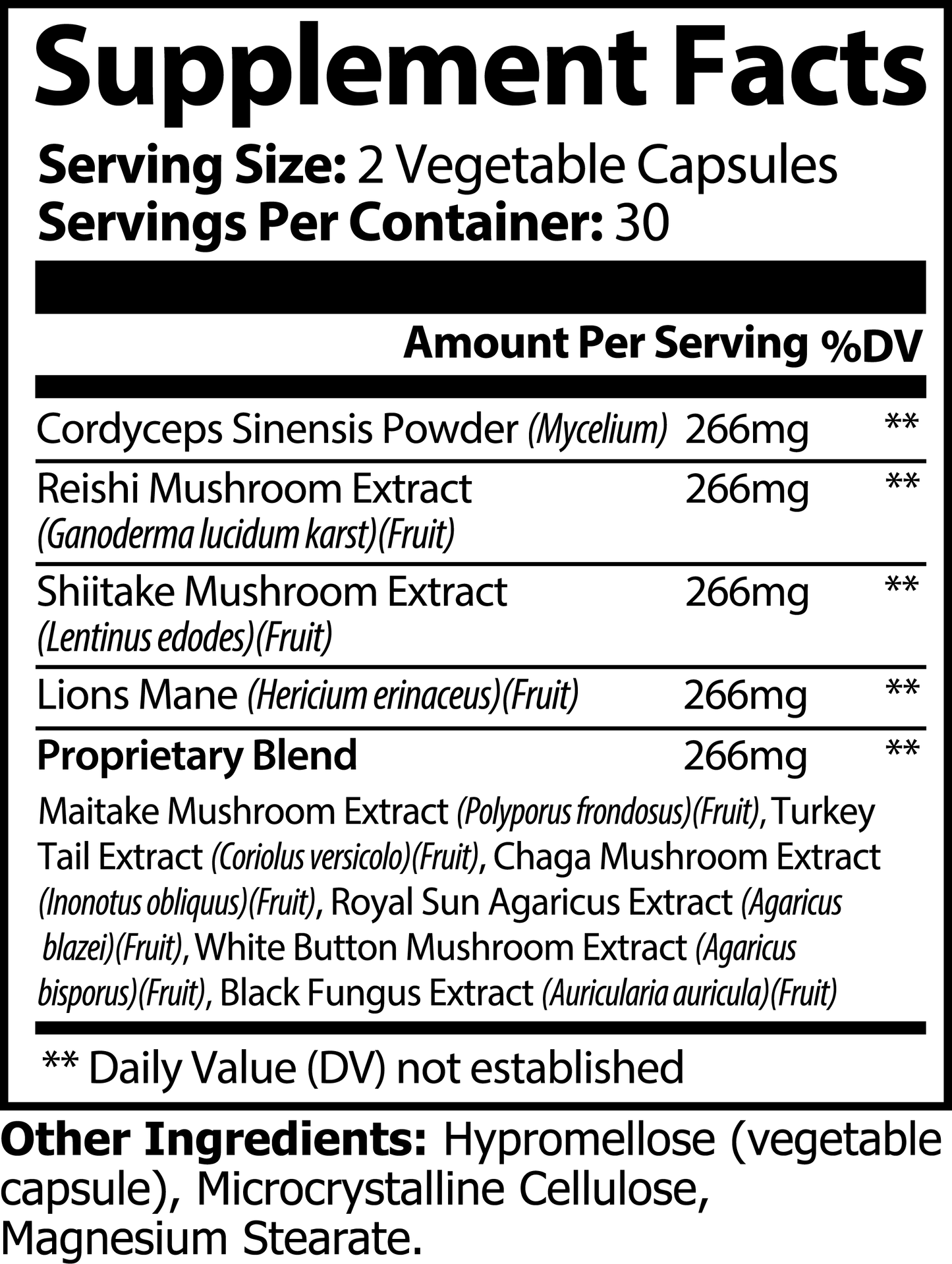 Supplement Facts for Mushroom 10x