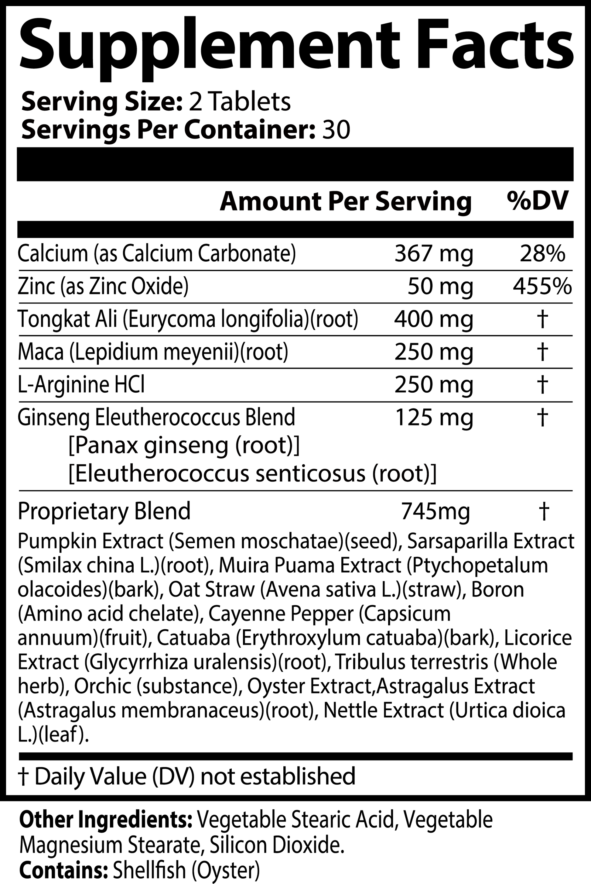 Supplement Facts for Wiseharts BDE male enhancement tablets.