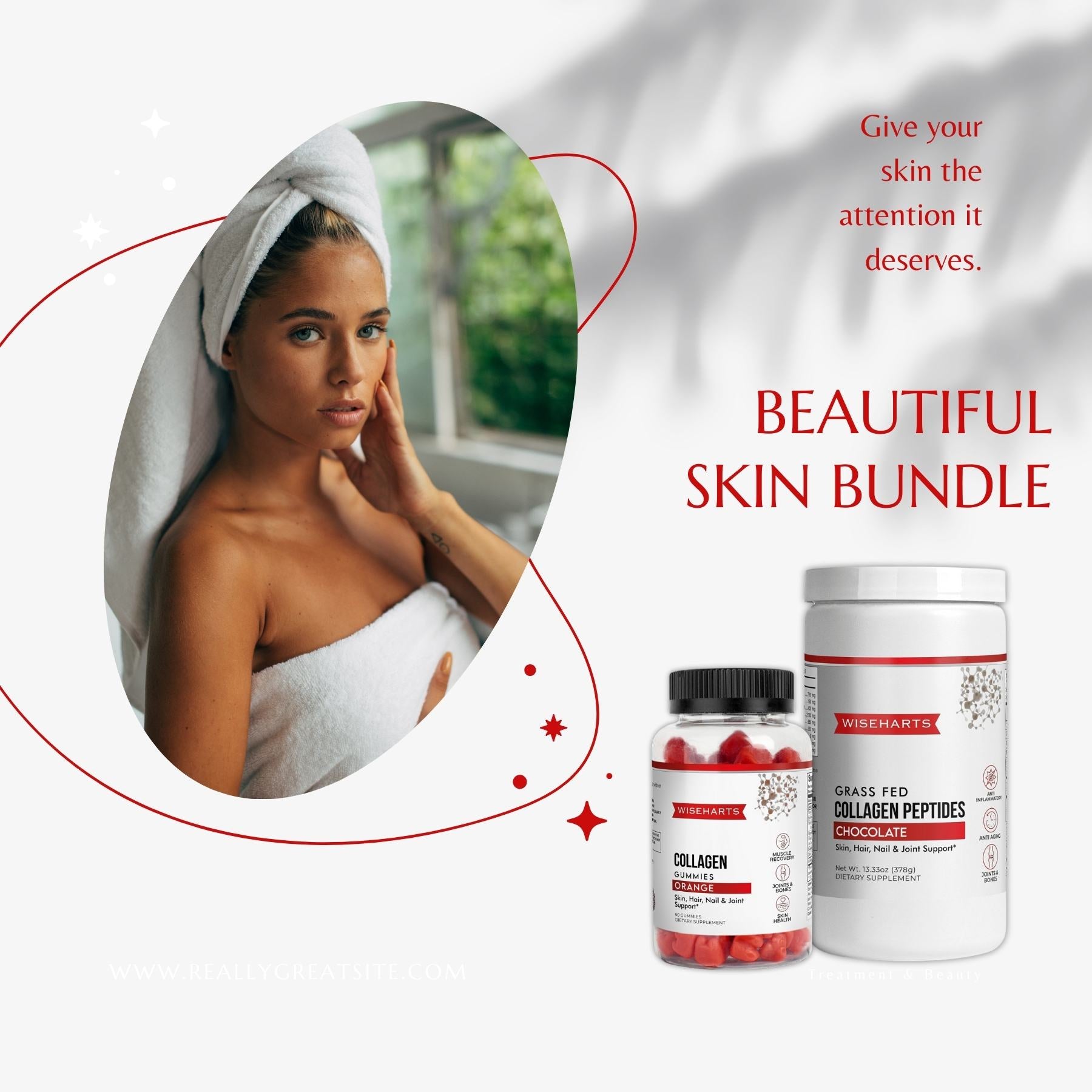 Wiseharts beautiful skin bundle showcasing a beautiful woman with beautiful skin and wiseharts collagen products