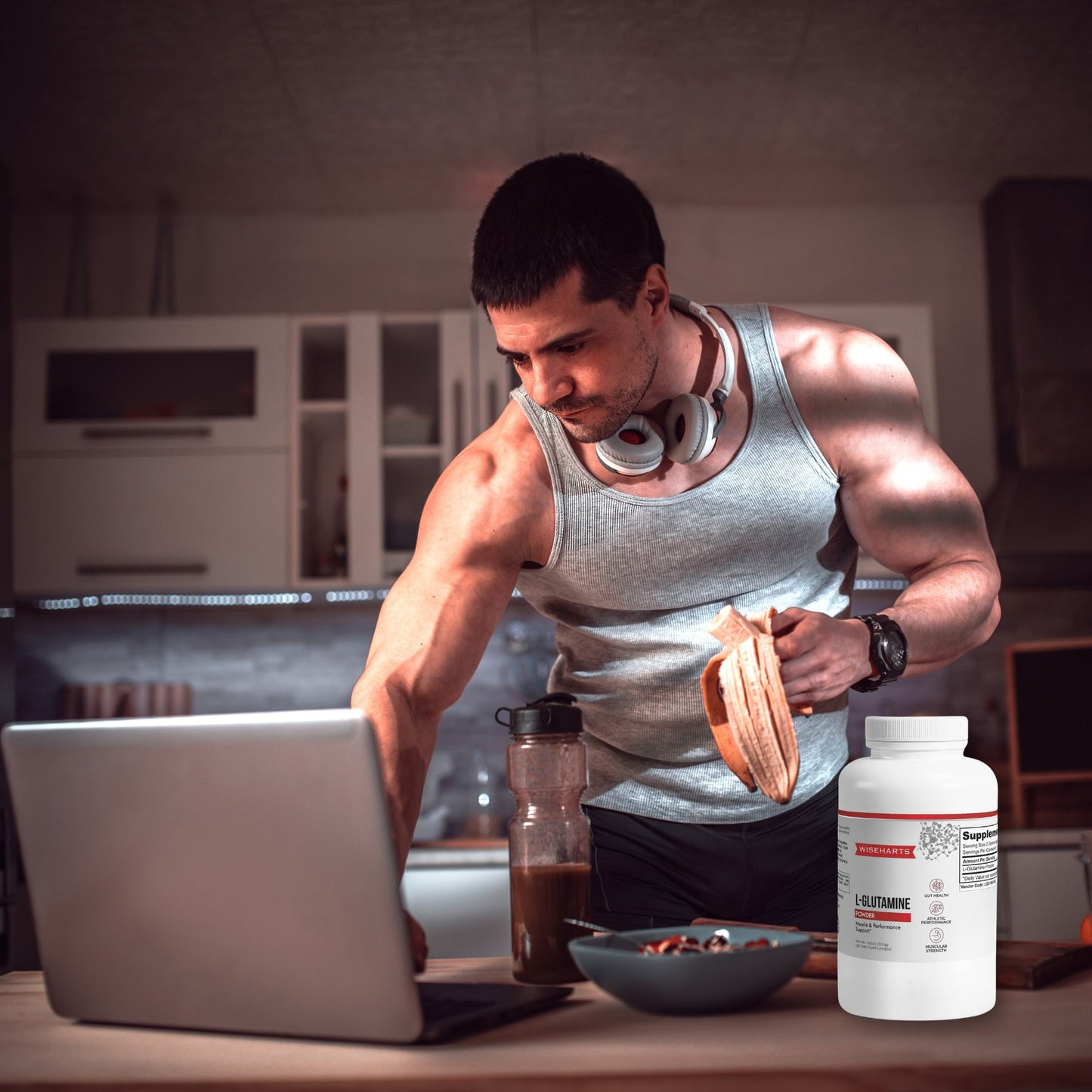 L-Glutamine helping muscular guy achieve peak performance.