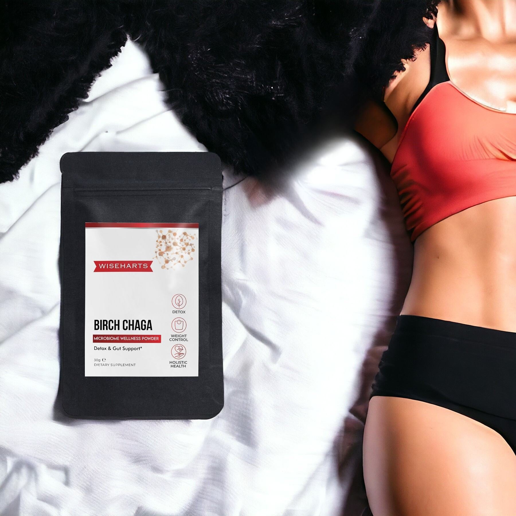 Wiseharts Birch Chaga showcasing gut support with a fit woman.