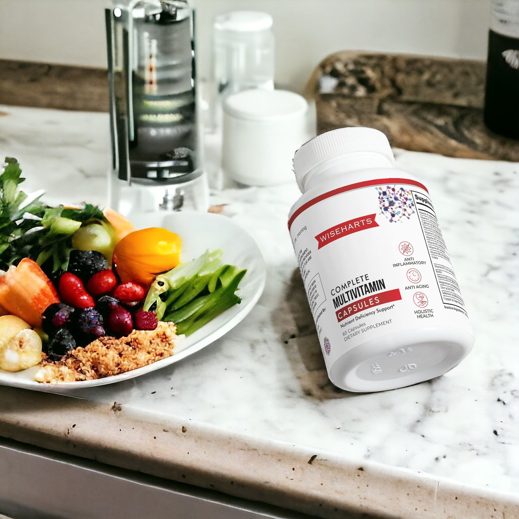 Complete Multivitamin on the counter next to their healthy constituents. 