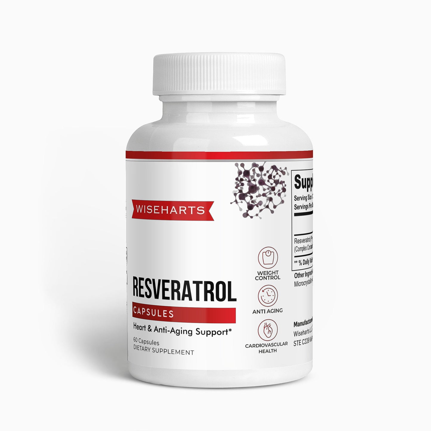 A bottle of Wiseharts Resveratrol for Heart and Anti-Aging Support